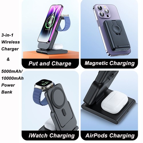 3-in-1 10000mAh 5000mAh Foldable Magnetic Wireless Charging Power Bank for iPhone 16, AirPods, Apple Watch 10